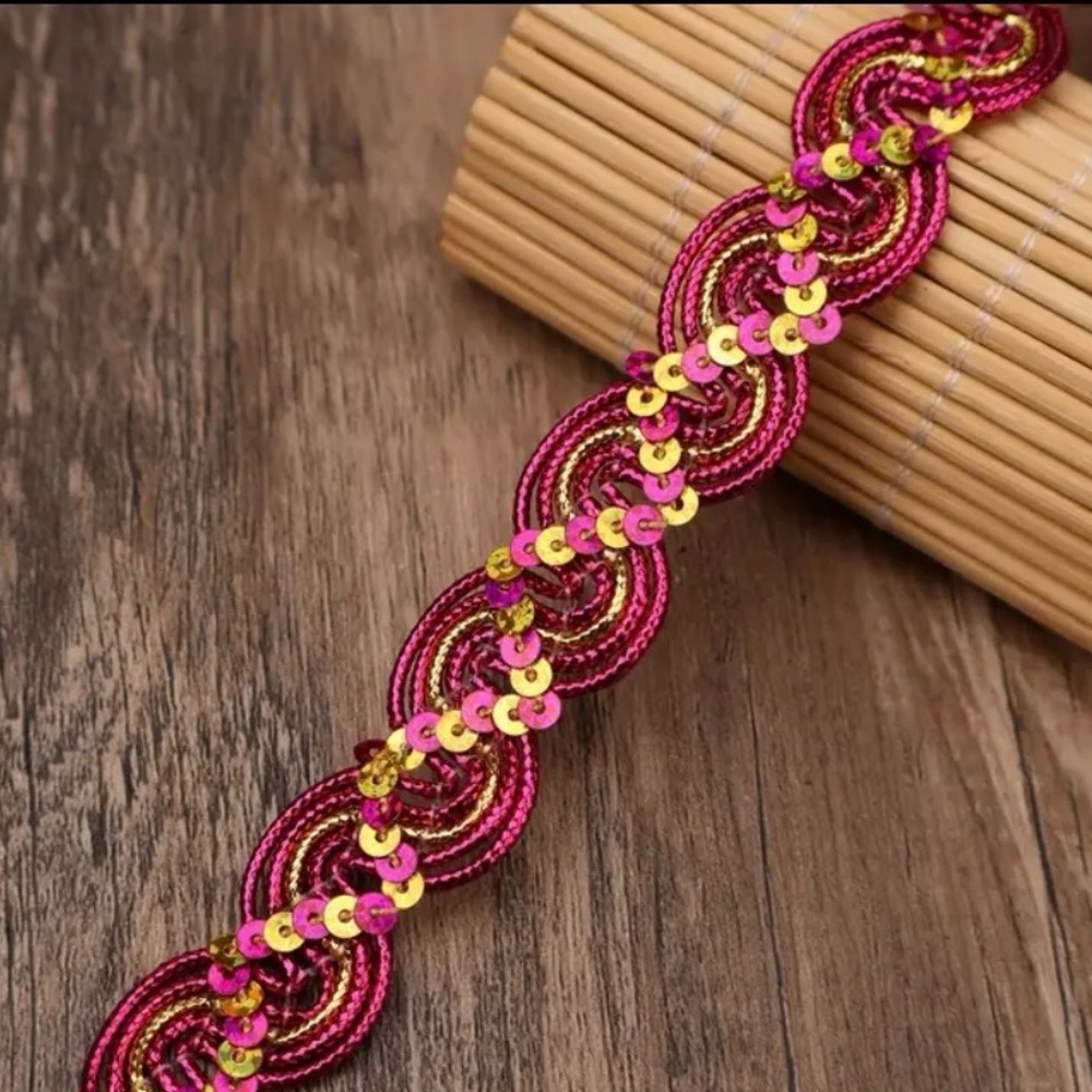 1 Yard Sequin Braid Trim, Rose Red & Gold, Sewing, Dress Edging, Dance Costume